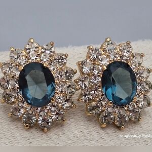 Sapphire & Diamond Stud Earrings 14K Yellow Gold Princess Diana Style 7.8g